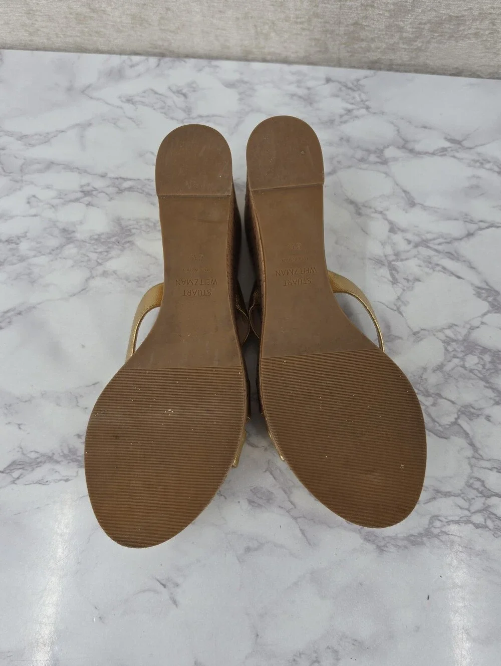 Stuart Weitzman Metallic Gold Leather Straps Cork Wedge Platform Sandals - Picture 12 of 15